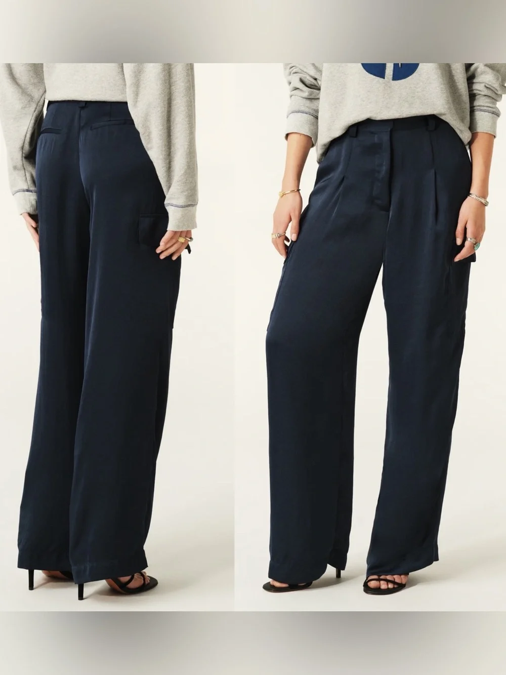 Ba&sh Cary Wide-Leg Navy Cargo Dress Pants slinky fabric